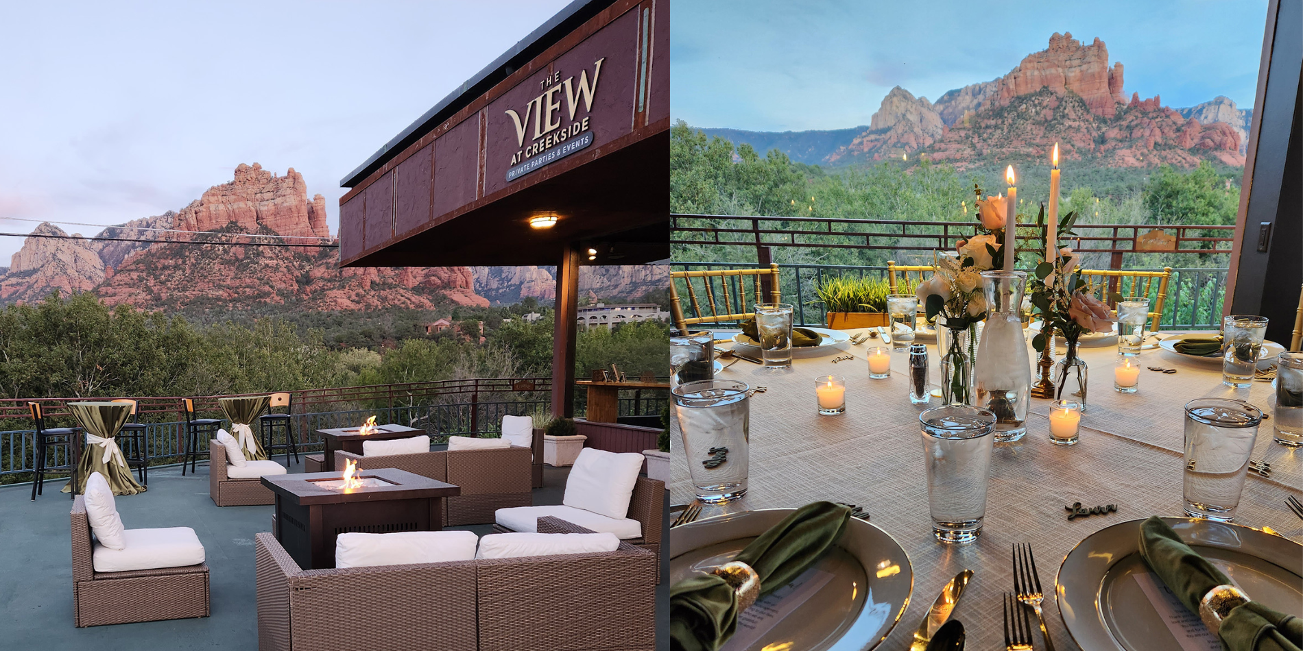 This image is a split-view of two outdoor settings at The View at Creekside. On the left, an inviting outdoor lounge area features comfortable wicker seating with white cushions, arranged around modern fire pits, all set against a backdrop of stunning red rock formations under a clear sky. To the right, an elegantly set dining table with golden cutlery, glassware, and a centerpiece composed of candles and fresh flowers awaits guests, offering a view of lush greenery and red rocks through a protective railing, suggesting an exclusive dining experience in a natural setting.